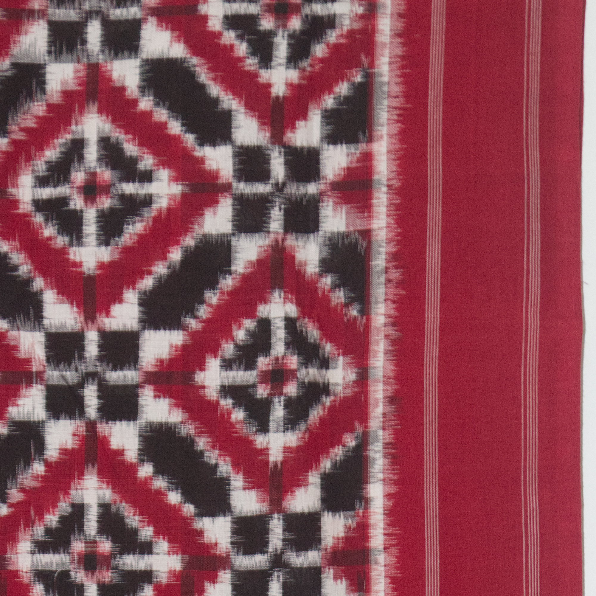 Crimson Red & Jet Black Geometric Grid Telia Rumal Double Ikat Cotton Saree