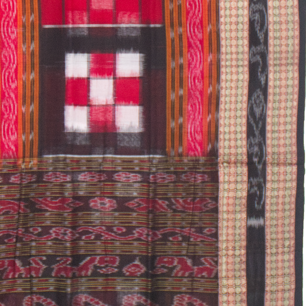 Crimson Red & Charcoal Black Pasapalli Checkerboard Sambalpuri Double Ikat Cotton Saree