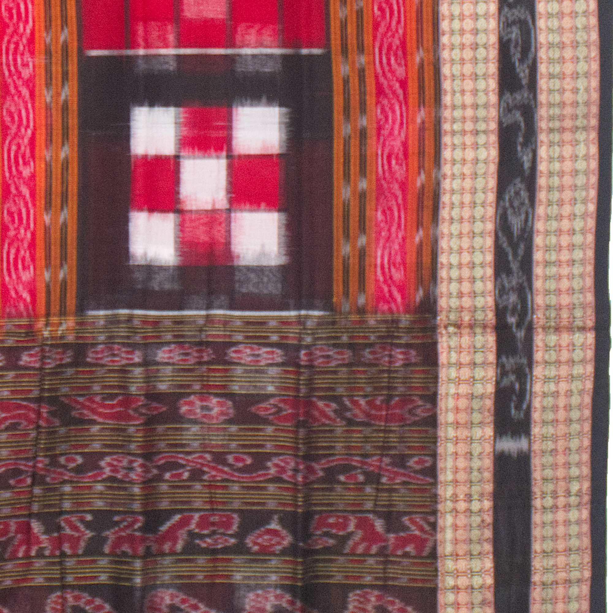 Crimson Red & Charcoal Black Pasapalli Checkerboard Sambalpuri Double Ikat Cotton Saree