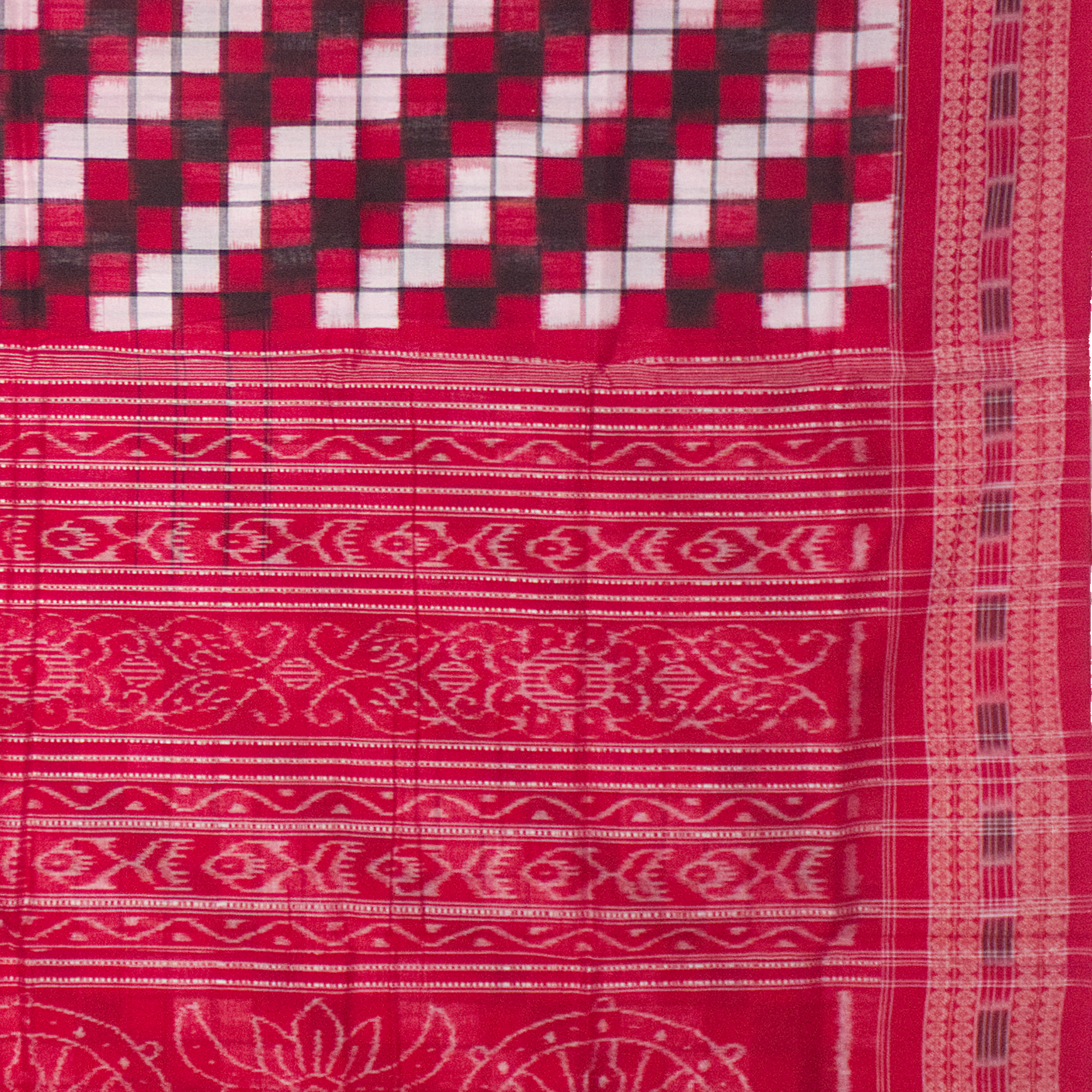 Ethnica Red & Black Checkered Ikat Handloom Saree