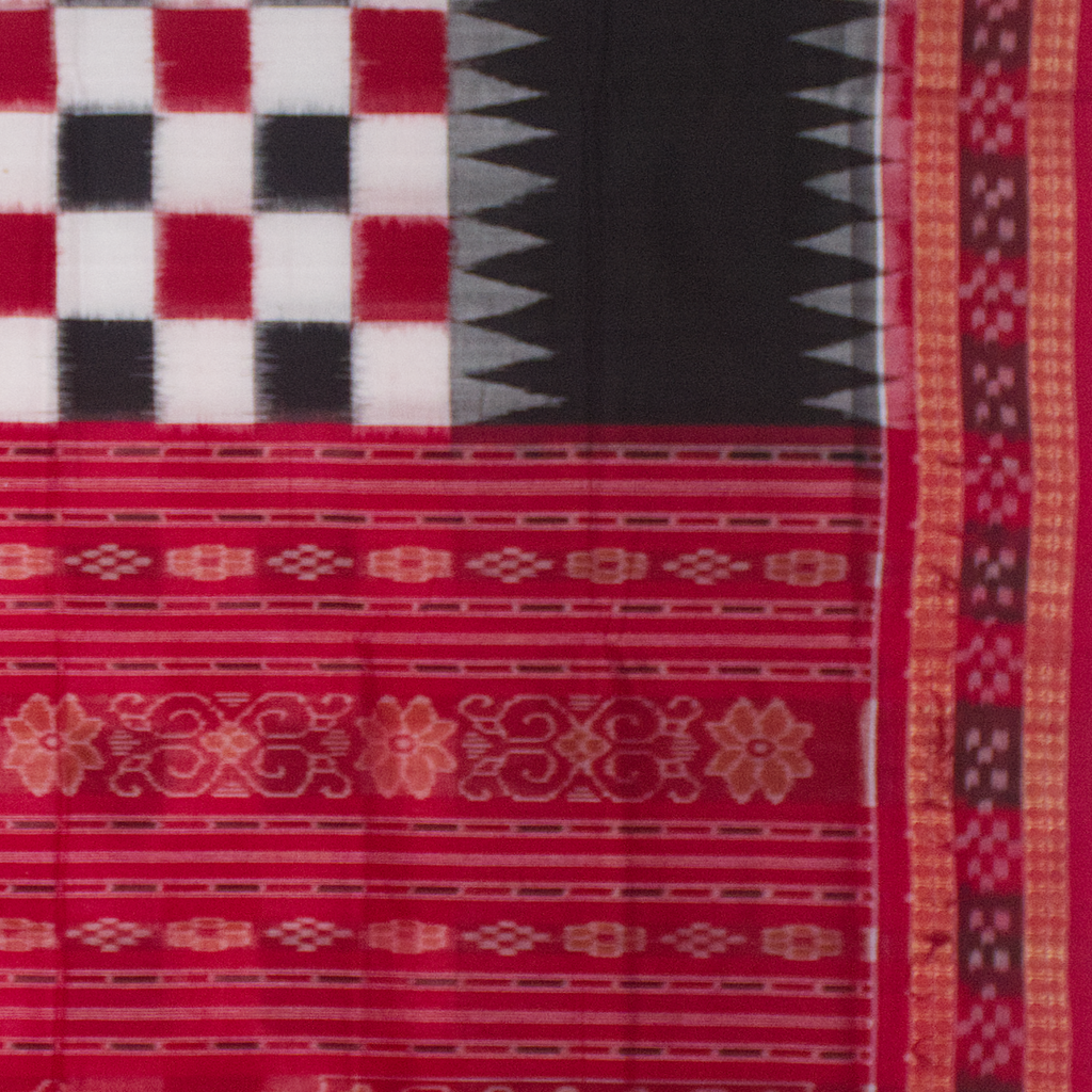 Crimson Red & Jet Black Pasapalli Checkerboard Bichitrapuri Double Ikat Cotton Saree