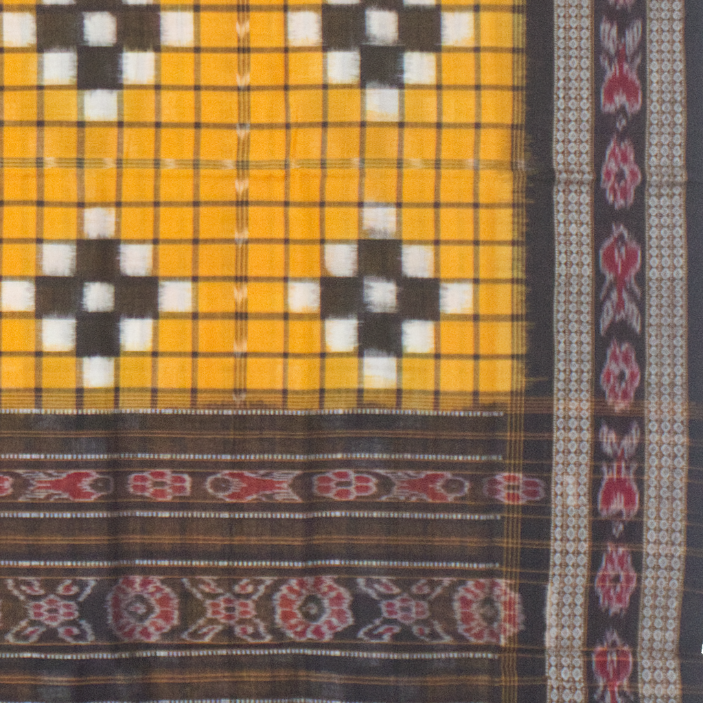 Mustard Yellow & Charcoal Black Grid Motif Sambalpuri Double Ikat Cotton Saree