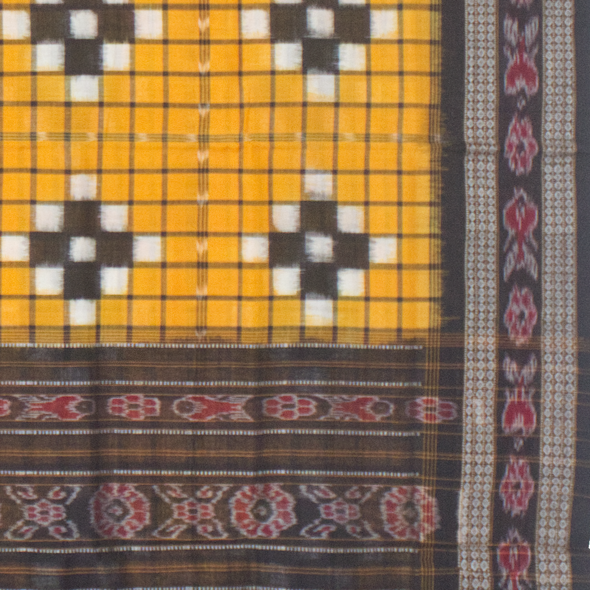 Mustard Yellow & Charcoal Black Grid Motif Sambalpuri Double Ikat Cotton Saree