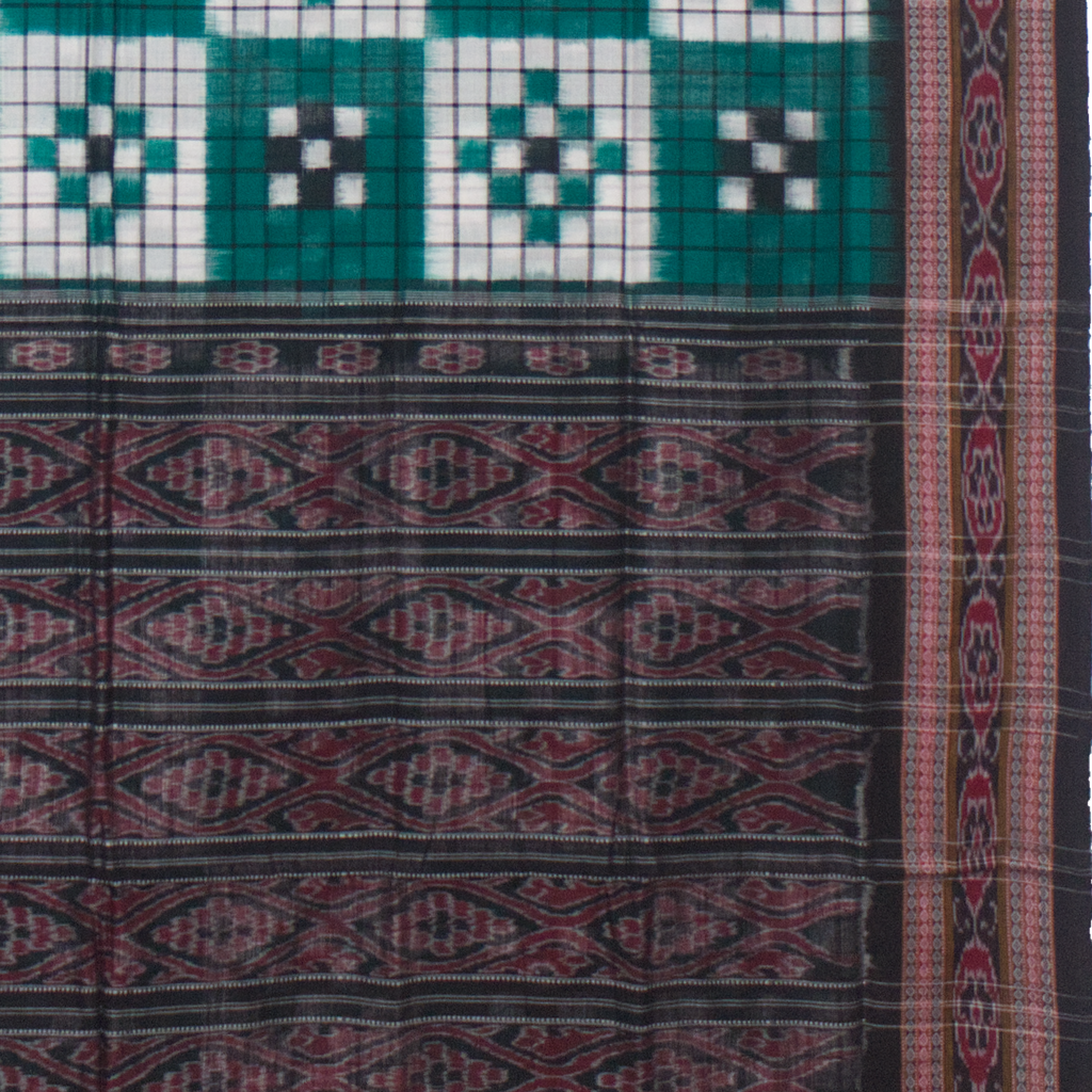 Ethnica Handloom Teal & White Ikat Saree with Maroon Border