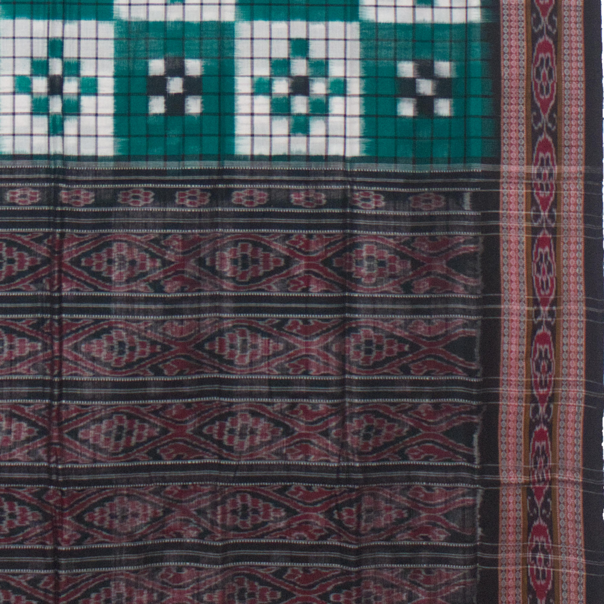 Ethnica Handloom Teal & White Ikat Saree with Maroon Border