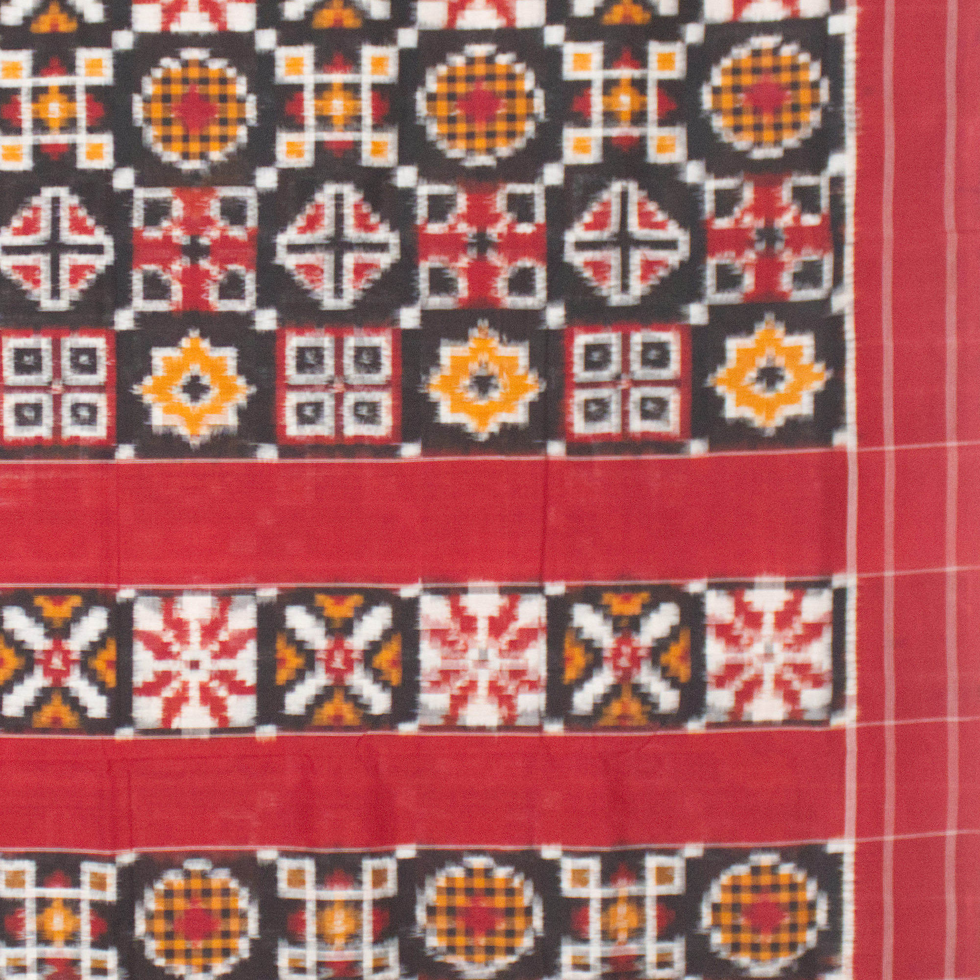 Charcoal Black & Madder Red Geometric Sambalpuri Double Ikat Cotton Saree