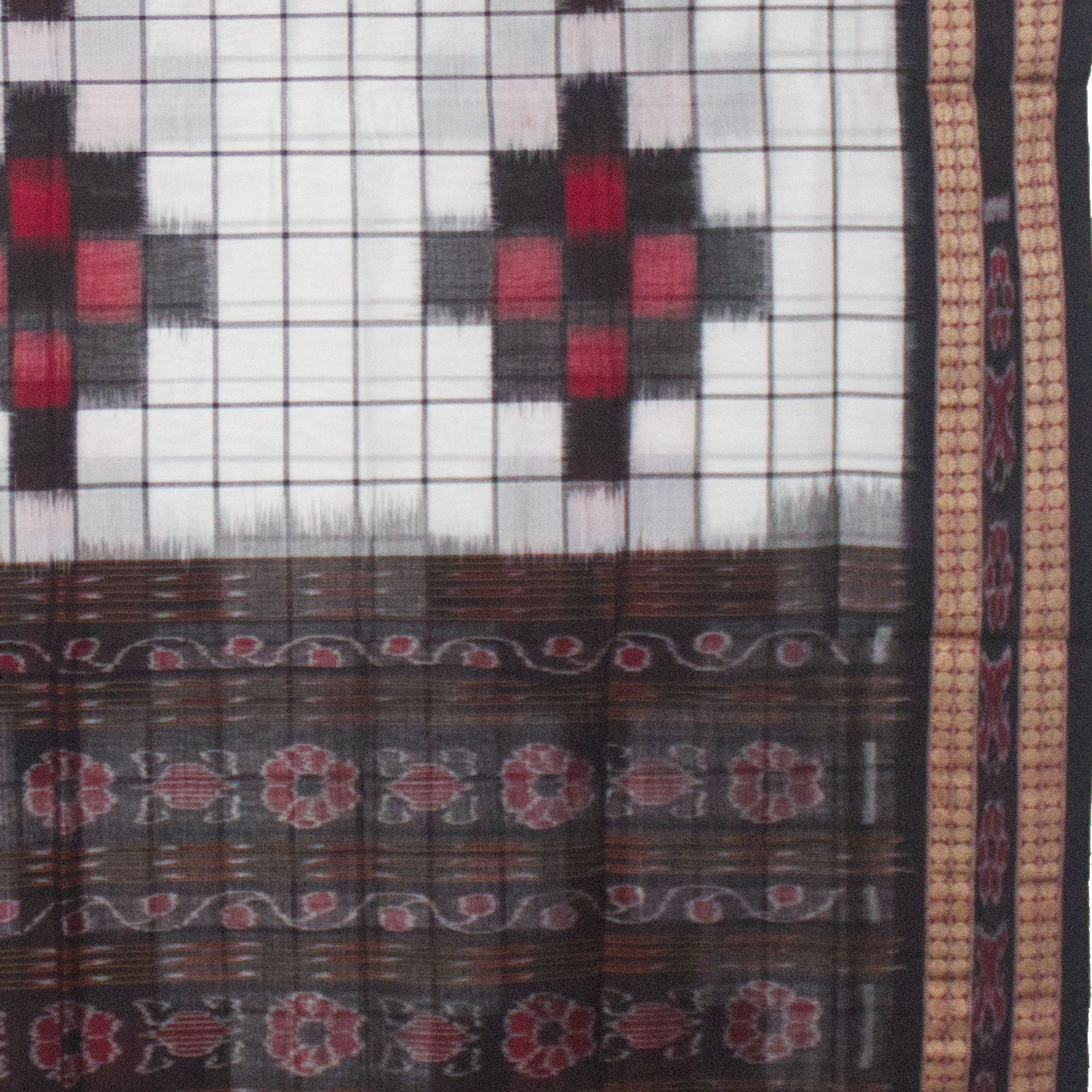 Pearl White & Crimson Red Geometric Sambalpuri Double Ikat Cotton Saree