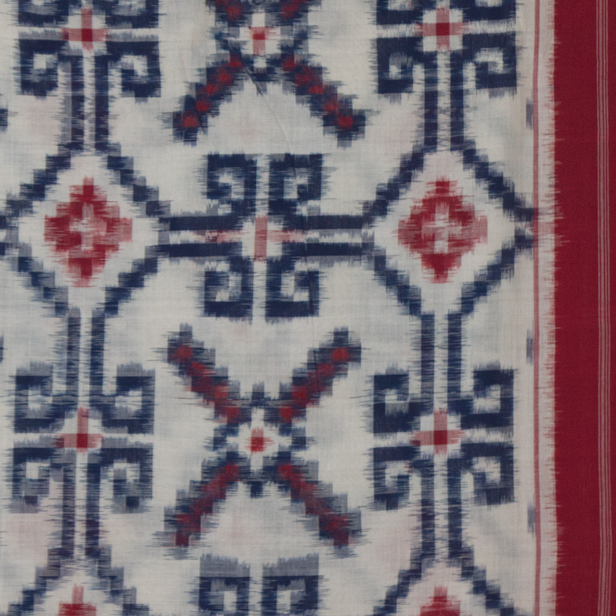 Off-White & Crimson Red Geometric Pochampally Double Ikat Cotton Saree